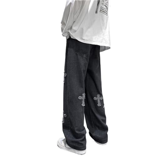 Yokbeer Baggy Jeans Herren Y2k mit Kreuze Print Hip Hop Baggy Cargo Jeans Pants Breite Hose Jeanshose Hosen Freizeithose für Jungen Skateboard Hose (Color : Schwarz, Size : S) von Yokbeer