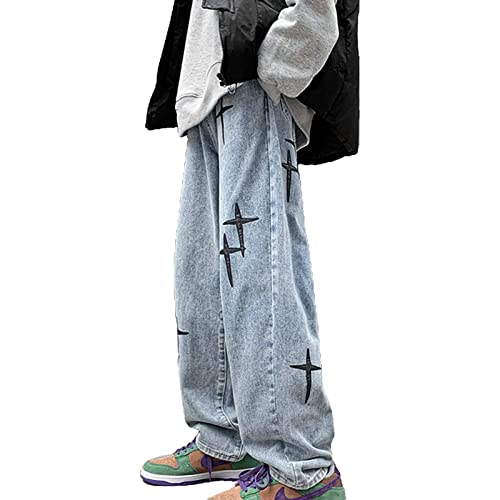 Yokbeer Baggy Jeans Hip Hop Jeans für Herren Cargo Jeans Herren Hip Hop Y2K Stil für Reisen Schule Party Urlaub Straßenrennen (Color : Blue, Size : L) von Yokbeer