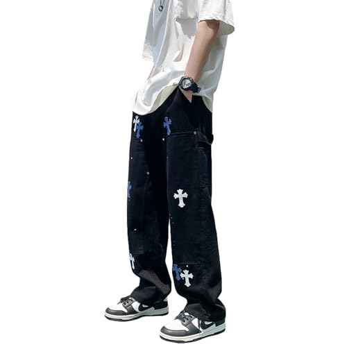 Yokbeer Baggy Jeans Y2K Herren Hip Hop Jeanshose Original Hosen Bedruckte Kreuze Baggy Jeans mit Geradem Bein Loose Fit Straight Leg Teenager Jungen Skateboard Hose Casual Streetwear (Color : Schwarz von Yokbeer