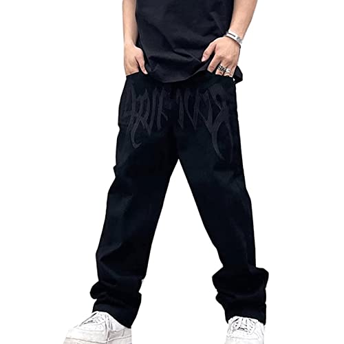 Yokbeer Baggy Jeans für Herren Y2k Stilvolle Lässige Hip Hop Stickerei Druck Denim Hosen Taschen Gerade Hose mit Weitem Bein (Color : Schwarz, Size : M) von Yokbeer