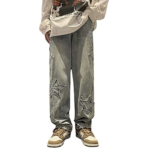 Yokbeer Baggy Y2K Jeans für Herren, Lockere Passform Weites Bein Gerade Denim Hose, Grunge Hip Hop Jeans Streetwear Sterne Stickerei High Waist Cargo Pants (Color : Blue, Size : S) von Yokbeer