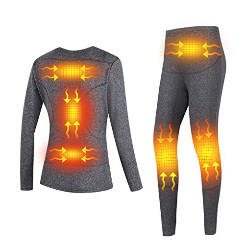 Yokbeer Beheiztes Unterwäsche-Set, 6-Zonen-Heizung, Beheizbare Thermounterwäsche für Damen, T-Shirt und Hose mit Elektrischer USB Heizung (Color : Gray, Size : S) von Yokbeer