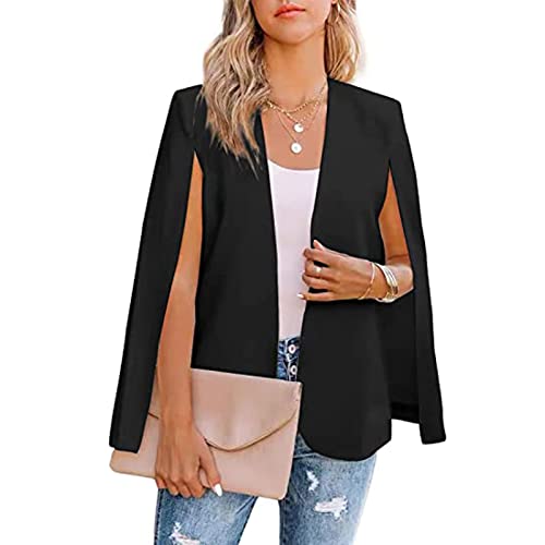 Yokbeer Blazer Damen Cape Anzugjacke Elegant Blazer Revers Geschäft Büro Jacke Business Strickjacke Anzugjacke Arbeit Freizeit Slim Anzugjacken Geschäft Blazer (Color : Black, Size : L) von Yokbeer