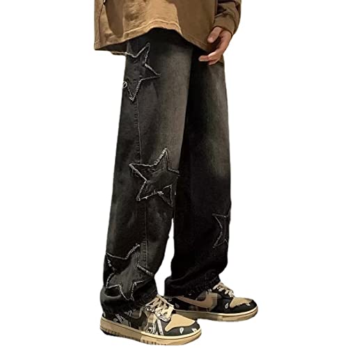 Yokbeer Cargo Baggy Jeans Cargohose Herren Sterne Stickerei Casual Baggy Vintage Hip Hop Hose 90er Dance Skateboard Harajuku Denim Hose, Y2K Straight Leg Streetwear (Color : Schwarz, Size : XL) von Yokbeer