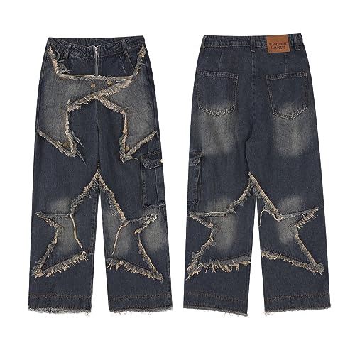 Yokbeer Cargo Baggy Jeans Y2k Herren Freizeithose Denim Hosen Jogginghose 2023 Retro Hip Hop Sterne Stickerei Patchwork Loose Straight Gewaschen Jeanshose Weitem Bein Streetwear (Color : Blue, Size von Yokbeer