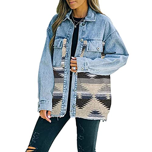 Yokbeer Damen-Azteken-Jacke, Jeansjacke, Lockere Shacket-Langarm-Button-Down-Hemdjacken (Color : A-Blue, Size : M) von Yokbeer