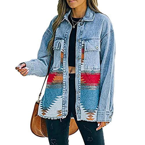 Yokbeer Damen Azteken Jacke Retro Oversize Crop Western Azteken Jeansjacken Jean Shacket Shirt Lässige Kurze Jeansmantel Jacken (Color : 2, Size : XL) von Yokbeer