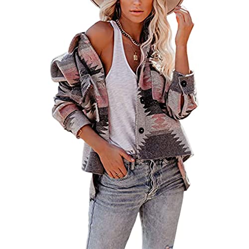 Yokbeer Damen Azteken Jacke Vintage Langarm Button Down Kragen Western Ethno Leicht Shacket Outwear mit Taschen, Ethnic Graphic (Color : B-Pink, Size : M) von Yokbeer