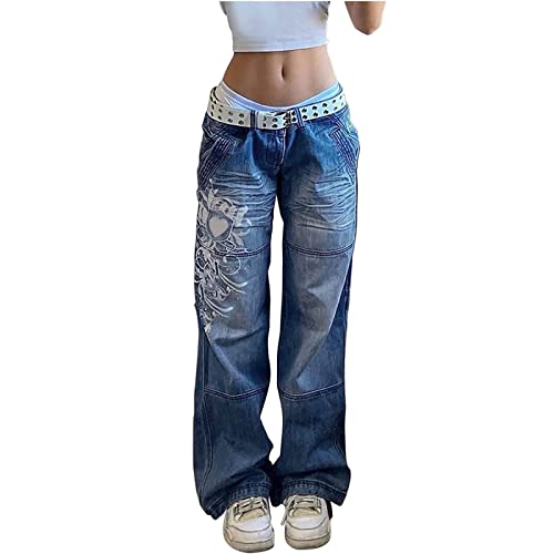 Yokbeer Damen Bedruckte Vintage Relaxed Jeans Low Waist Jeans Gerade Breites Bein Baggy Denim Hosen Y2k Indie Aesthetic Vintage Jeanshosen 90er Streetwear (Color : Blue, Size : L) von Yokbeer