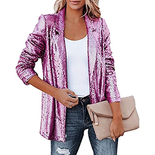 Yokbeer Damen Blazer Pailletten Lange Ärmel Revers Strickjacke Jacket Blazer Casual Mante Anzug Formelle Anlässe Uniformen (Color : Pink, Size : XL) von Yokbeer