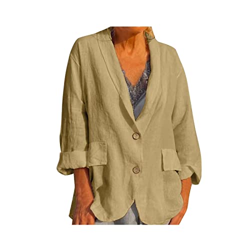 Yokbeer Damen Business Blazer Baumwolle Leinen Freizeit Einfarbig Dünn Blazer Leichtes Jacke Elegant Lang Basic Anzugjacke Cardigan Knöpfen Vintage Strand Damenjacke (Color : Khaki, Size : XXL) von Yokbeer