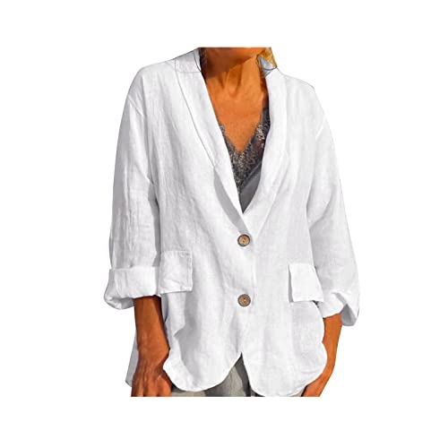 Yokbeer Damen Business Blazer Baumwolle Leinen Freizeit Einfarbig Dünn Blazer Leichtes Jacke Elegant Lang Basic Anzugjacke Cardigan Knöpfen Vintage Strand Damenjacke (Color : White, Size : L) von Yokbeer