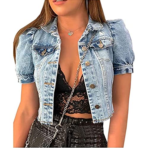 Yokbeer Damen Denim Kurzmantel, Einfarbige Kurzarm Revers Jacke mit Knöpfen, Distressed Saum, Crop Jeans Mantel (Color : Blue, Size : L) von Yokbeer