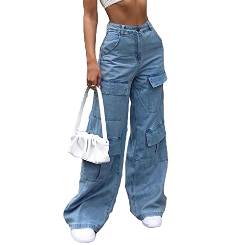 Yokbeer Damen Gothic Cargo Jeans Wide Straight Leg Punk Boyfriend Baggy Pants Hose Y2k Streetwear mit Taschen (Color : Blue, Size : M) von Yokbeer