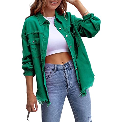 Yokbeer Damen Herbst Frühling Übergroße Jeansjacke Lange Boyfriend Distresse Jean Jacke Lässige Basic Jeansjacke Übergangs Ripped Denim Jacken (Color : Green, Size : S) von Yokbeer