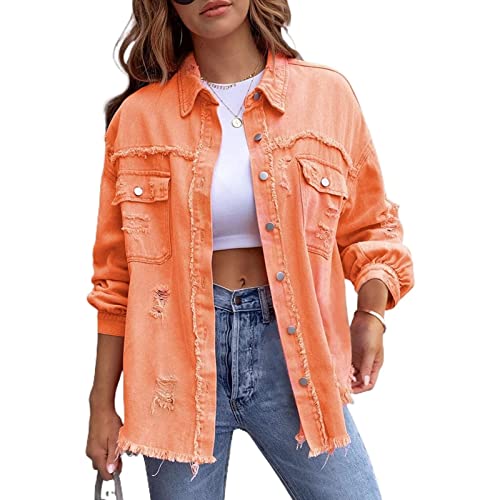 Yokbeer Damen Herbst Frühling Übergroße Jeansjacke Lange Boyfriend Distresse Jean Jacke Lässige Basic Jeansjacke Übergangs Ripped Denim Jacken (Color : Orange, Size : M) von Yokbeer