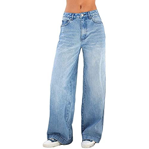 Yokbeer Damen Jeans mit Weitem Bein und Hoher Taille Einfarbige Bell-Bottom-Denim-Hose mit Taschen (Color : Blue, Size : L) von Yokbeer