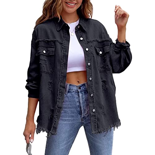 Yokbeer Damen Jeansjacke Langarm Jacke Jeans Gewebe Jeansjacke Washed out Effekt, Distressed Ripped Langarm Button up Boyfriend Jean Coat (Color : Schwarz, Size : M) von Yokbeer