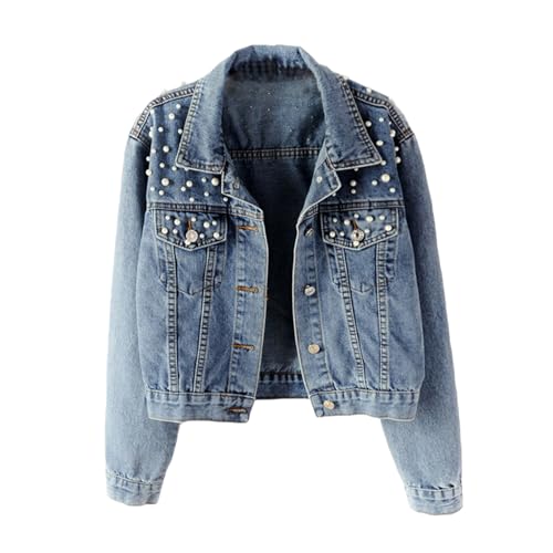 Yokbeer Damen Jeansjacke Langarm Jacke Kurz Jeansjacke mit Perlen, Damen Jeansjacke Perlenstickerei Nieten Casual Cowboy Top (Color : Blue, Size : 4XL) von Yokbeer