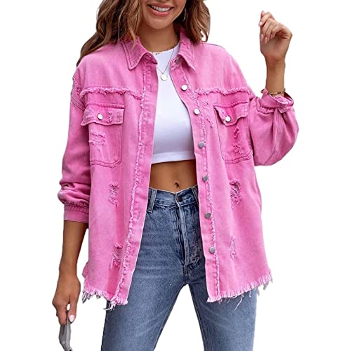 Yokbeer Damen Jeansjacke Zerrissene Fransen Jeansjacke for Damen, Verwaschenes Distressed Jeansjacke mit Ausgefranster Knopfleiste und Tasche (Color : Pink, Size : XXL) von Yokbeer