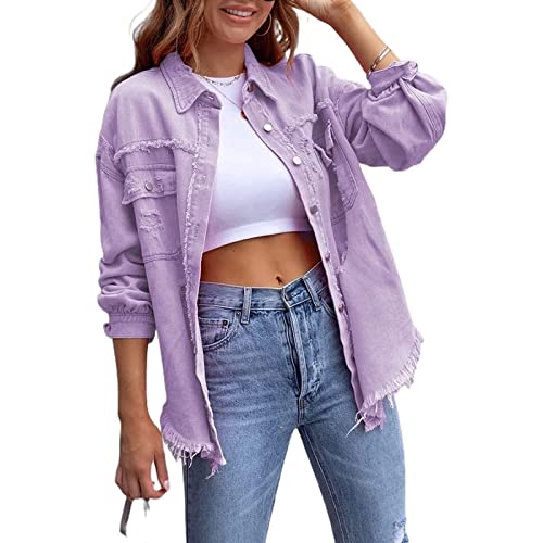 Yokbeer Damen Jeansjacke Zerrissene Fransen Jeansjacke for Damen, Verwaschenes Distressed Jeansjacke mit Ausgefranster Knopfleiste und Tasche (Color : Purple, Size : XL) von Yokbeer