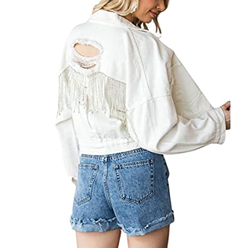 Yokbeer Damen Jeansjacke mit Fransen Strass Langarm Distressed Ripped Jeansjacken mit Taschen (Color : White, Size : M) von Yokbeer