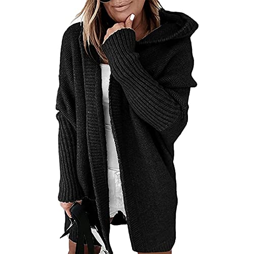 Yokbeer Damen Langarm Grobstrick Strickpullover Cardigan Große Größen Strickmantel Herbst Winter Strickwaren Teenager Mädchen Mäntel Longstrickjacke Kapuzenjacke (Color : Black, Size : XL) von Yokbeer