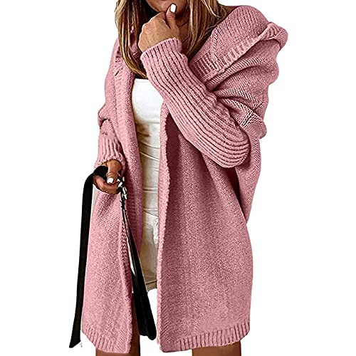 Yokbeer Damen Langarm Grobstrick Strickpullover Cardigan Große Größen Strickmantel Herbst Winter Strickwaren Teenager Mädchen Mäntel Longstrickjacke Kapuzenjacke (Color : Pink, Size : XL) von Yokbeer