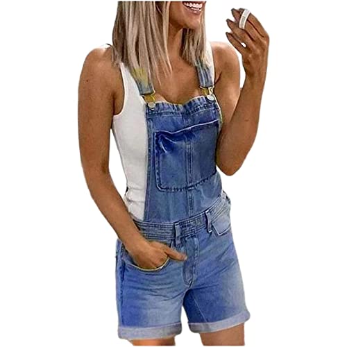 Yokbeer Damen Latz Shorts Latzjeans Kurze Denim Latzhose Overalls Jeans Dungaree Pants Skinny Vintage Shorts mit Taschen (Color : Blue, Size : L) von Yokbeer