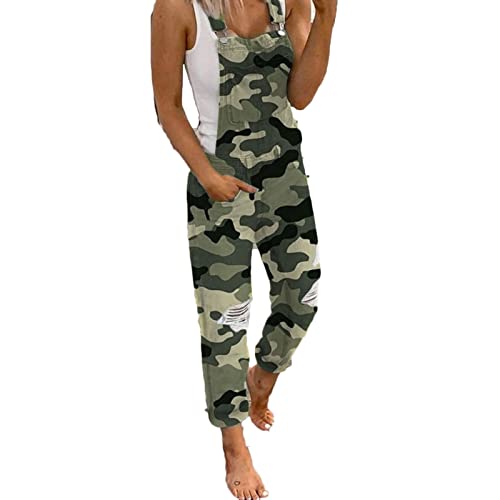 Yokbeer Damen Latzhose Jeans Kurz Hose Denim Overall Zerrissen Jeans Vintage Loose Fit Jeanslatzhose Rissen Ripped Jeans Hoseanzug mit Taschen (Color : Camouflage, Size : S) von Yokbeer