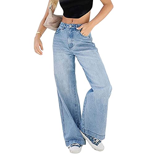 Damen Low Rise Wide Leg Jeans, Y2k Vintage Baggy Jeans für Damen Low Waist Wide Leg Pants 90s Style Streetwear (Color : Blue, Size : L) von Yokbeer