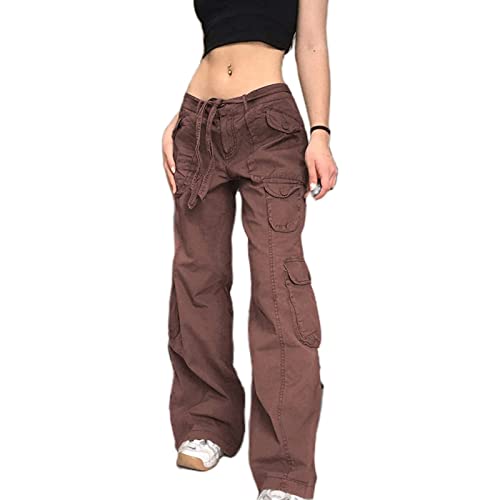 Yokbeer Damen Low Waist Cargo Jeans Gerade Breites Bein Baggy Denim Hosen Y2k Indie Aesthetic Vintage Jeanshosen 90er Streetwear (Color : Brown, Size : M) von Yokbeer