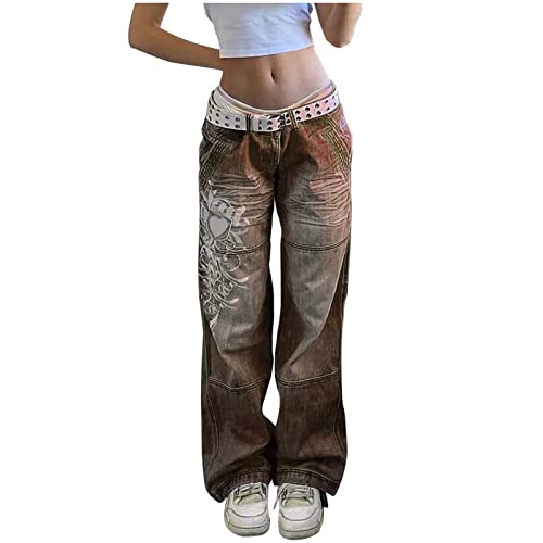 Yokbeer Damen Low Waist Wide Leg Jeans Y2k Print Distressed Straight Jeanshose Baggy Vintage Denim Hose E Girl Flare Pants Streetwear Freizeithose Schlagjeans (Color : Brown, Size : M) von Yokbeer