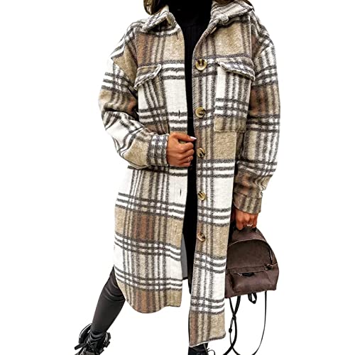 Yokbeer Damen Mantel Lässiges Kariert Dufflecoat Lange Ärmel Revers Wickel Outwear Warme Mittellange Karo Wollmantel Herbst Winter Einreihiger Kaschmirmantel Frauen Wintermantel von Yokbeer