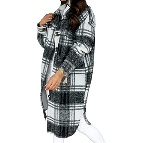 Yokbeer Damen Mantel Lässiges Kariert Dufflecoat Lange Ärmel Revers Wickel Outwear Warme Mittellange Karo Wollmantel Herbst Winter Einreihiger Kaschmirmantel Frauen Wintermantel von Yokbeer