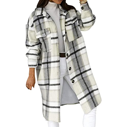 Yokbeer Damen Mantel Lässiges Kariert Dufflecoat Lange Ärmel Revers Wickel Outwear Warme Mittellange Karo Wollmantel Herbst Winter Einreihiger Kaschmirmantel Frauen Wintermantel von Yokbeer