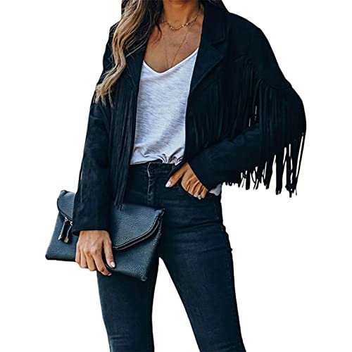 Yokbeer Damen Quaste Jacke Faux Wildleder Langarm Fransen Cropped Open Front Jacke Vintage Cropped Hippie Motor Biker Cardigan Outwears (Color : Black, Size : S) von Yokbeer