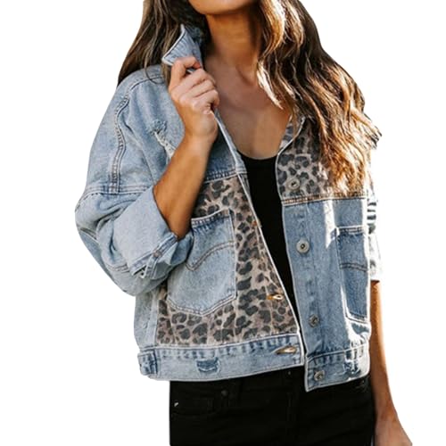 Yokbeer Damen Revers Jeansjacke mit Leopardenmuster Frühling Herbst Straße Trendiger Lockerer Kurze Denim Mantel Button-Down Übergangsjacke Vintage Streetwear (Color : Blue, Size : XL) von Yokbeer