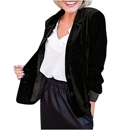 Yokbeer Damen Samt Blazer, Damen, Einfarbig, mit Offenem Kragen, Oberbekleidung, Retro-Knopf, Langarm, Lässig, Büro, Formelle Jacke (Color : Black, Size : XL) von Yokbeer