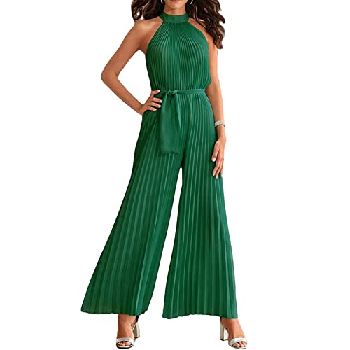 Yokbeer Damen Sexy Neckholder Overall mit Weitem Bein Ärmellos Elegant Festlich Sommer Plissee Overall Lang Taille Binden Hose Overall (Color : Green, Size : L) von Yokbeer