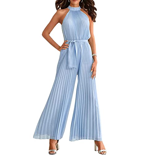 Yokbeer Damen Sexy Neckholder Overall mit Weitem Bein Ärmellos Elegant Festlich Sommer Plissee Overall Lang Taille Binden Hose Overall (Color : Light blue, Size : S) von Yokbeer