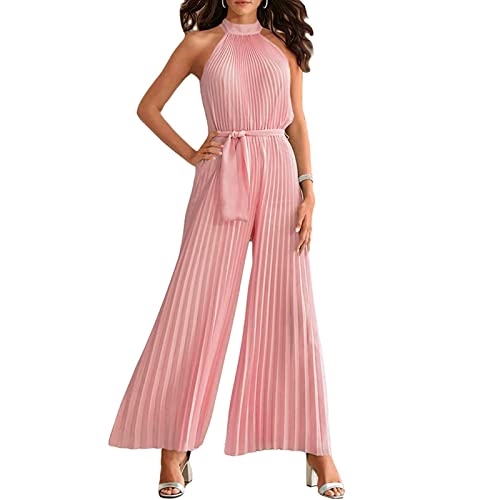 Yokbeer Damen Sexy Neckholder Overall mit Weitem Bein Ärmellos Elegant Festlich Sommer Plissee Overall Lang Taille Binden Hose Overall (Color : Pink, Size : S) von Yokbeer