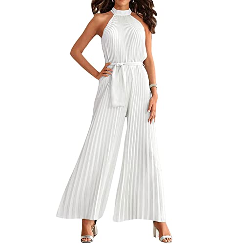 Yokbeer Damen Sexy Neckholder Overall mit Weitem Bein Ärmellos Elegant Festlich Sommer Plissee Overall Lang Taille Binden Hose Overall (Color : White, Size : L) von Yokbeer