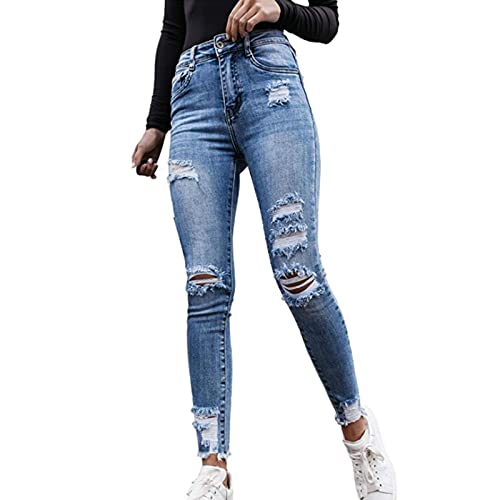 Yokbeer Damen Skinny High Waist Jeans Stretch Jeanshose Löcher Elegant Röhrenjeans Risse Ripped Lang Eng Denim Hose Zerrissene Jeans Destroyed Jeggings Unregelmäßige Lochjeans von Yokbeer