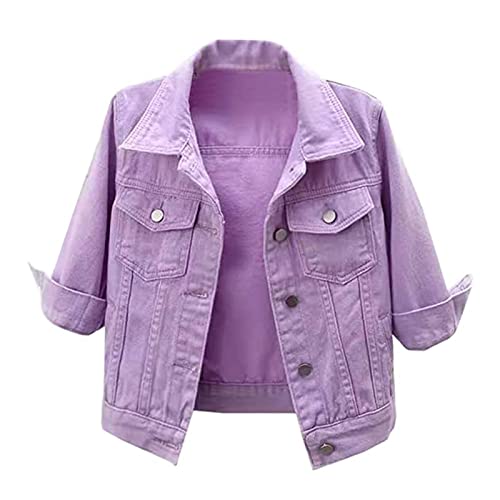 Yokbeer Damen Sommer Übergroße 3/4 Ärmel Kurze Schmale Jeansjacke Zerrissene Distressed Revers Jean Coat (Color : Purple, Size : 4XL) von Yokbeer