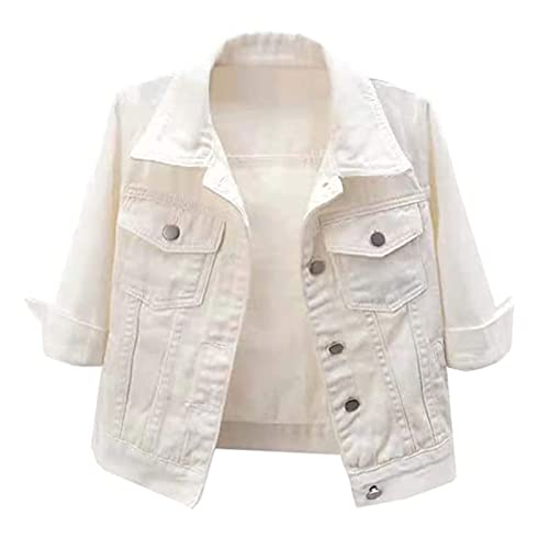 Yokbeer Damen Sommer Übergroße 3/4 Ärmel Kurze Schmale Jeansjacke Zerrissene Distressed Revers Jean Coat (Color : White, Size : 4XL) von Yokbeer