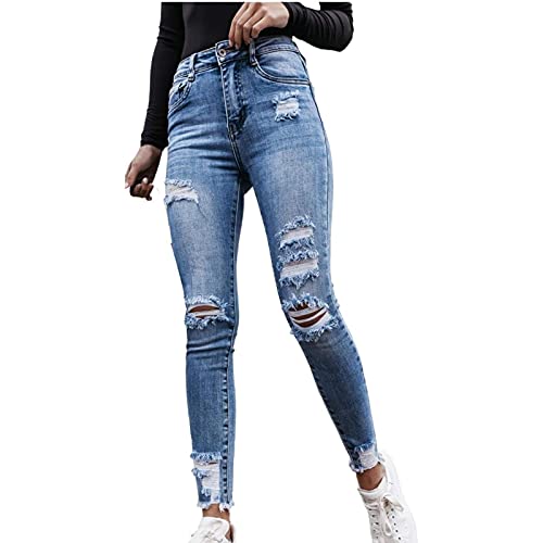 Yokbeer Damen Stretch Straight Jeans Löchern Jeanshose Elegant Freizeithose Zerrissene Denim Pants Löcher Lochjeans Teenager Mädchen Lässig Denim Hosen Freizeithose (Color : Blue, Size : S) von Yokbeer