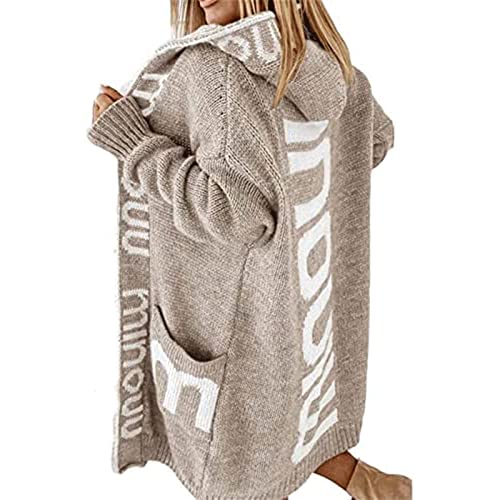 Yokbeer Damen Strickjacke Lang Cardigan Kapuzenpullover Grobstrickjacke Strickmantel mit Kapuze Cardigan Strickpullover Herbst Winter Jacke Sweater Outerwear Strickjacken (Color : Khaki, Size : XL) von Yokbeer