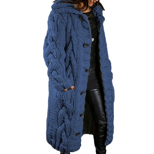 Yokbeer Damen Warm Strickjacke Lang Strickmantel Langarm Vorne Offen Cardigan Elegant Übergangsjacke mit Taschen Gestrickt Mantel Herbst Winter Pullover (Color : Blue 1, Size : S) von Yokbeer