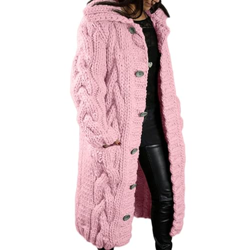 Yokbeer Damen Warm Strickjacke Lang Strickmantel Langarm Vorne Offen Cardigan Elegant Übergangsjacke mit Taschen Gestrickt Mantel Herbst Winter Pullover (Color : Pink 1, Size : S) von Yokbeer